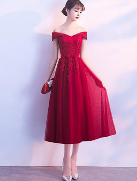 Adorable Dark Red Tea Length Wedding Party Dress, Tulle Off Shoulder Prom Dress