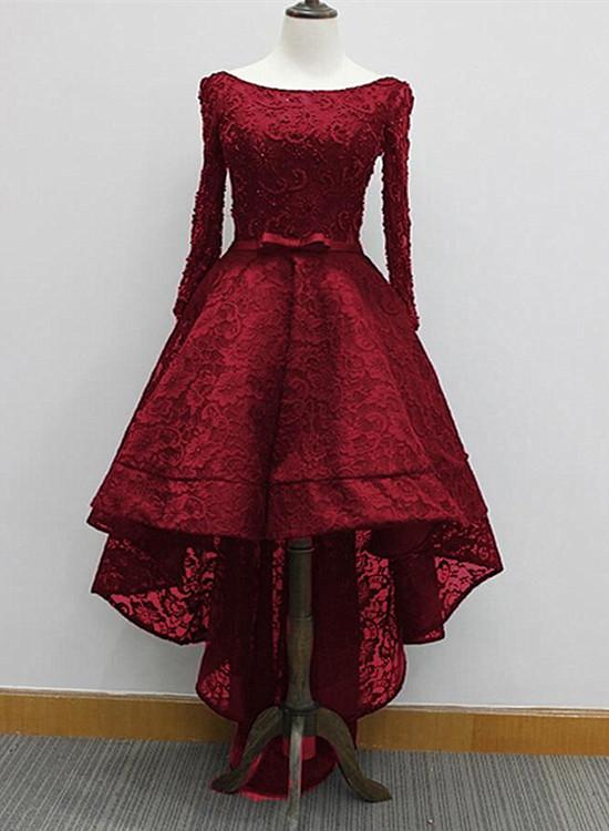 wine red high low lace party dress