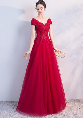 Red Tulle Cap Sleeves Long Prom Dress 2020, A-line Party Dress