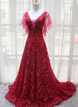 wine red lace long prom dress 