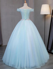 Light Blue Long Floral Tulle Sweet 16 Dress,  Quinceanera Dress