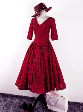 wine red lace party dress 