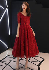 Beautiful Wine Red V-neckline Tea Length Party Dress, Lace Bridesmaid Dress