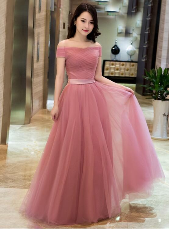 dark pink tulle long prom dress
