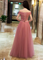 Dark Pink Tulle Off Shoulder Bridesmaid Dress, Long Party Gown