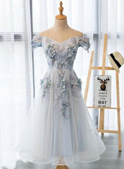 Beautiful Light Grey Flowers Tea Length Party Dress, Short Prom Dress