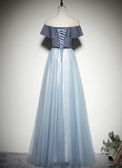 Beautiful Light Blue Tulle with Velvet Long Party Dress, Prom Dress