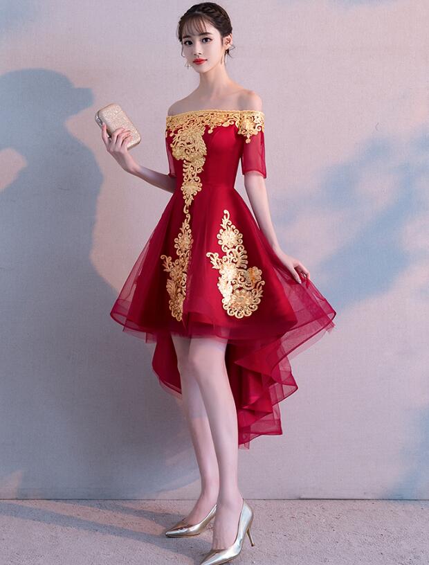Beautiful Dark Red High Low Tulle Party Dress, Wine Red Off Shoulder P Cutedressy Beautiful Dark Red High Low Tulle Party Dress, Wine Red Off Shoulder P Cutedressy