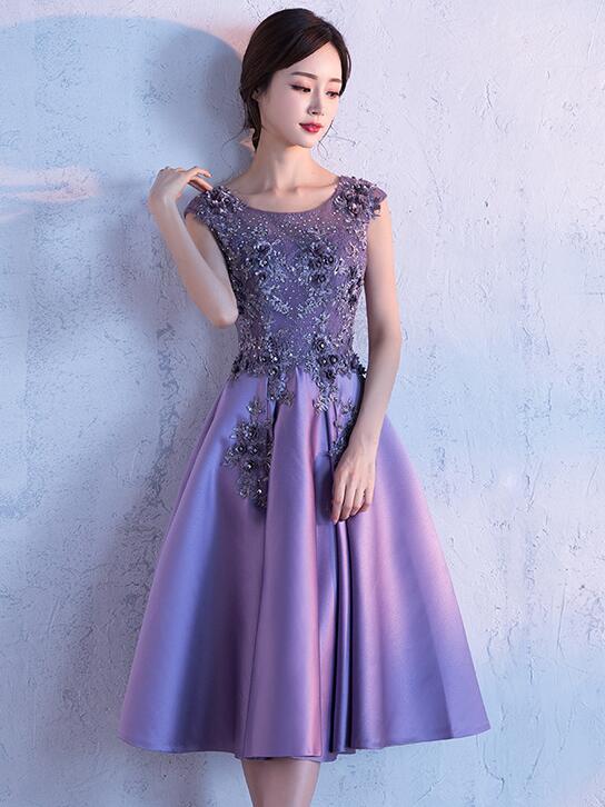 Cute Dark Purple Knee Length Satin Bridesmaid Dress, Lace Floral Party Dress