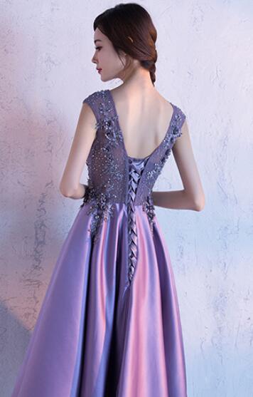 Cute Dark Purple Knee Length Satin Bridesmaid Dress, Lace Floral Party Cutedressy Cute Dark Purple Knee Length Satin Bridesmaid Dress, Lace Floral Party Cutedressy