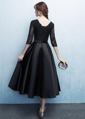 Black Satin Tea Length Party Dress, Black Prom Dress