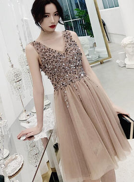 Charming Beaded Short V-neckline Tulle Party Dress, Sequins Homecoming Dress