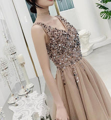 Charming Beaded Short V-neckline Tulle Party Dress, Sequins Homecoming Dress