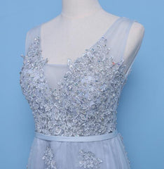 Cute A-line Grey Tulle Long Prom Dress, Lace Applique Party Dress