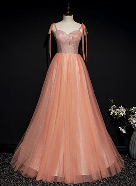 Lovely Tulle Sparkle Straps Long Formal Gown, Pink Prom Dress