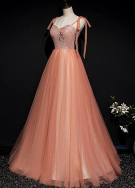 Lovely Tulle Sparkle Straps Long Formal Gown, Pink Prom Dress