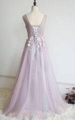 Lovely Pink V-neckline Floral Lace Party Dress, Pink Formal Dress