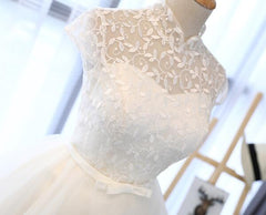 Cute White Tulle Short Lace Cap Sleeves Party Dress, White Homecoming Dress