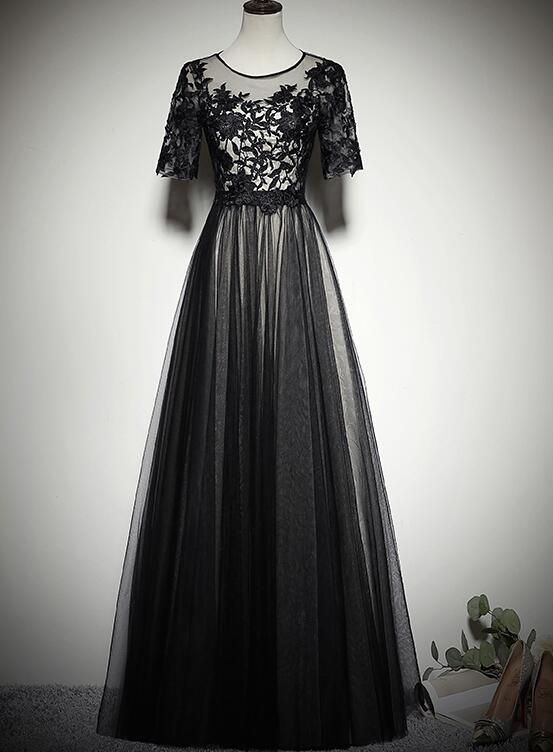 Black Tulle Long Prom Dress , Black Party Dress with Lace Applique ...