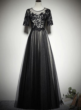 Black Tulle Long Prom Dress , Black Party Dress with Lace Applique