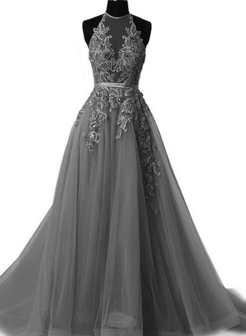 Grey Halter Lace Applique Tulle Formal Gowns, Grey Party Dresses, Prom Gowns, Formal Dresses
