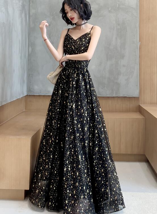 Fashionable Black Straps Tulle Long Prom Dress, A-line Party Gown