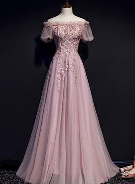 Unique Pink Off Shoulder with Lace Long Party Dress, Prom Gown