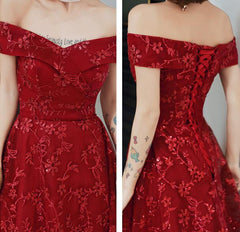 Dark Red Lace Off Shoulder Bridesmaid Dress, Long Prom Dress