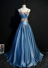 Blue Sweetheart Satin Long Party Gown with Straps, Blue Prom Dress
