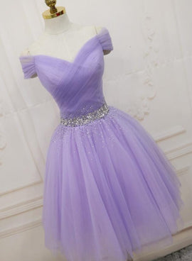 Lovely Light Purple Beaded Short Party Dress, Off Shoulder Homecoming Dress