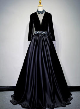 Black Satin and Velvet Long Sleeves Party Gown, Long Evening Dress