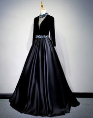 Black Satin and Velvet Long Sleeves Party Gown, Long Evening Dress