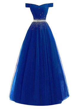 royal blue  tulle long prom dress