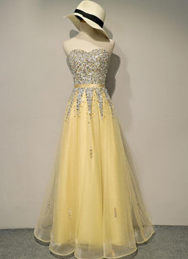 Light Yellow Sweetheart Sequins Tulle Long Prom Dress, New Party Dress