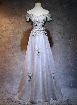 grey lace long party dress