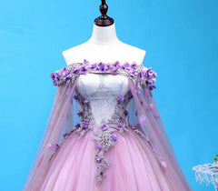 Light Purple Tulle Long Sweet 16 Gown, Flowers Quinceanera Dress
