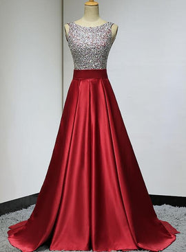 red satin long party dress with sequins