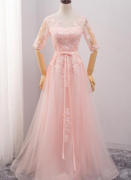 pink tulle long bridesmaid dress