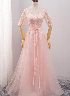 pink tulle long bridesmaid dress