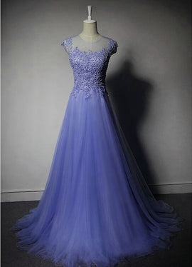 Cute Purple Tulle A-line Bridesmaid Dress, Lace Applique Prom Dress