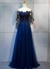 High Quality Navy Blue 1/2 Sleeves Tulle Party Dress, New Prom Dress 