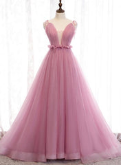 Charming Pink V-neckline Straps Tulle Long Evening Dress, Pink Prom Dress