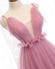 Charming Pink V-neckline Straps Tulle Long Evening Dress, Pink Prom Dress