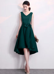 Elegant Green V-neckline High Low Bridesmaid Dress, Homecoming Dress