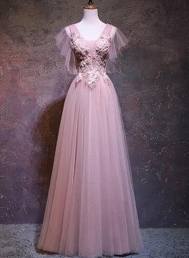 Pink Tulle V-neckline Long Prom Dress, New Pink Wedding Party Dress