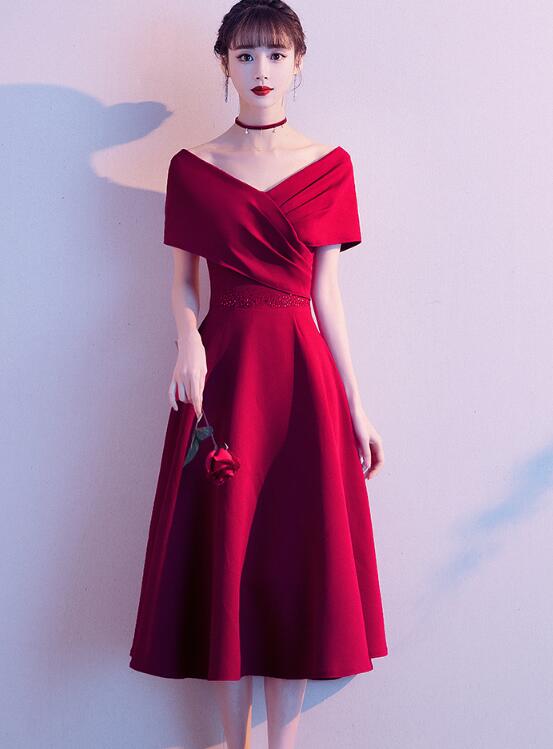 Dark Red Off Shoulder Tea Length Party Dress, Bridesmaid Dress – Cutedressy