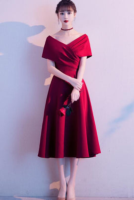 Dark Red Off Shoulder Tea Length Party Dress, Bridesmaid Dress