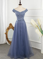 Tulle Sequins Cap Sleeves Long Party Dress, Floor Length Prom Dress