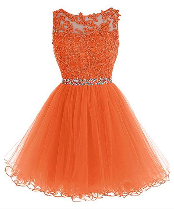 Round Neckline Orange Tulle Beaded Homecoming Dress, Short Party Dress Graduation Dress