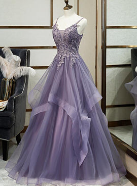 Tulle Long V-neckline Straps Layers Prom Dress, Evening Gown Formal Dress